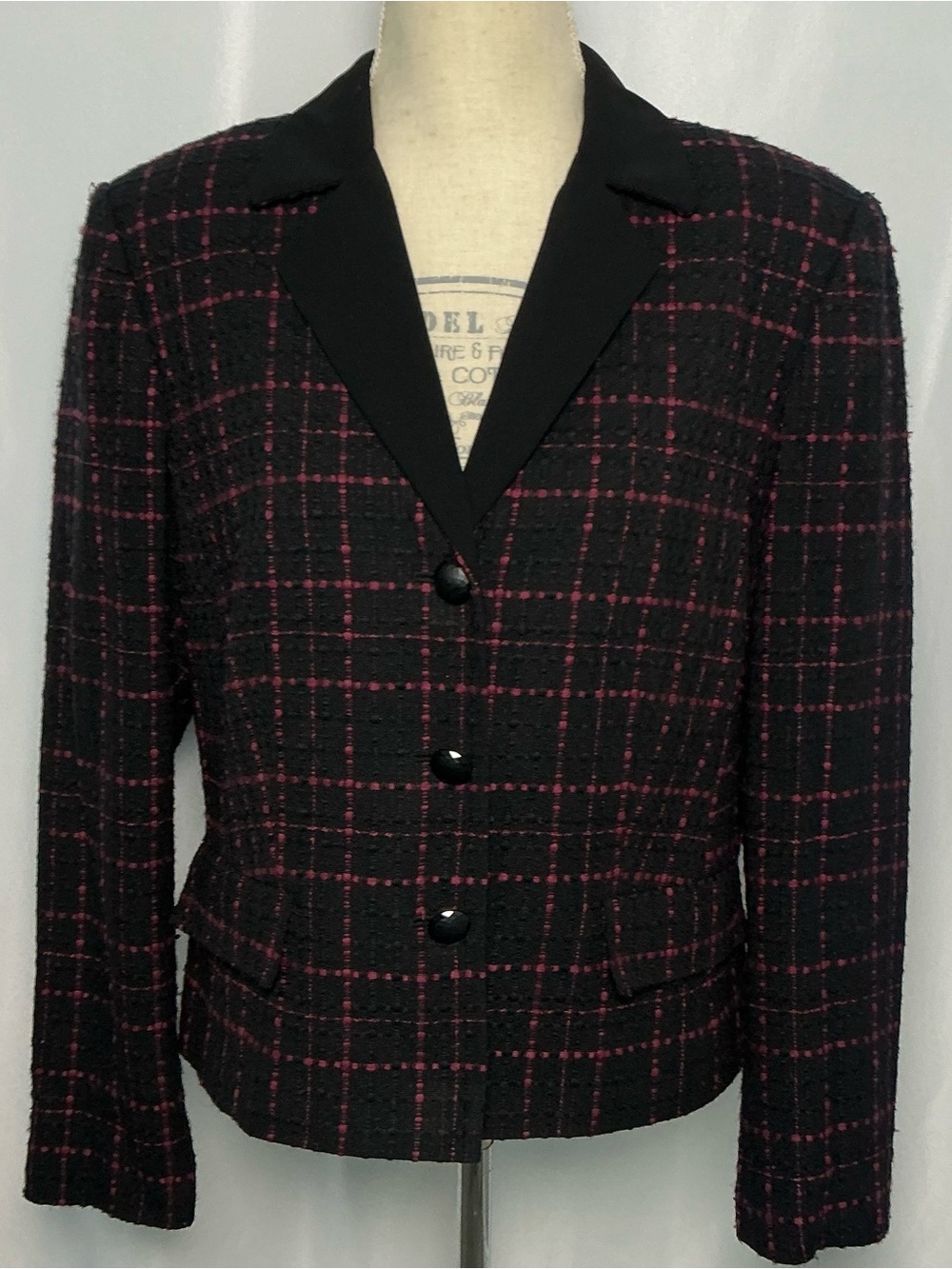 John Meyer Black Burgundy Windowpane Plaid Blazer Size 16